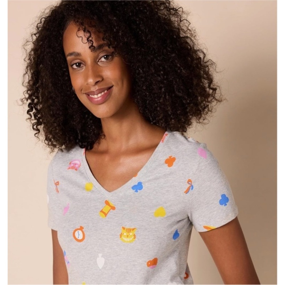 Disney Amazon‎ Essentials Alice In Wonderland Graphic V-Neck T-Shirt Gray M NWOT
